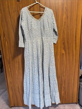 Light Blue Floral V-Neck Maxi Kurta